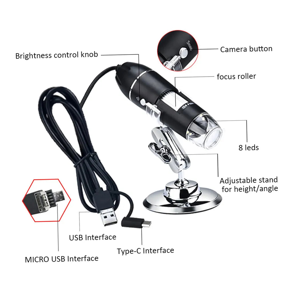 Digital Microscope 500X - 1600X Magnification Camera 8 LEDs with Stand USB & MICRO USB &Type-C Handheld Inspection Magnifier