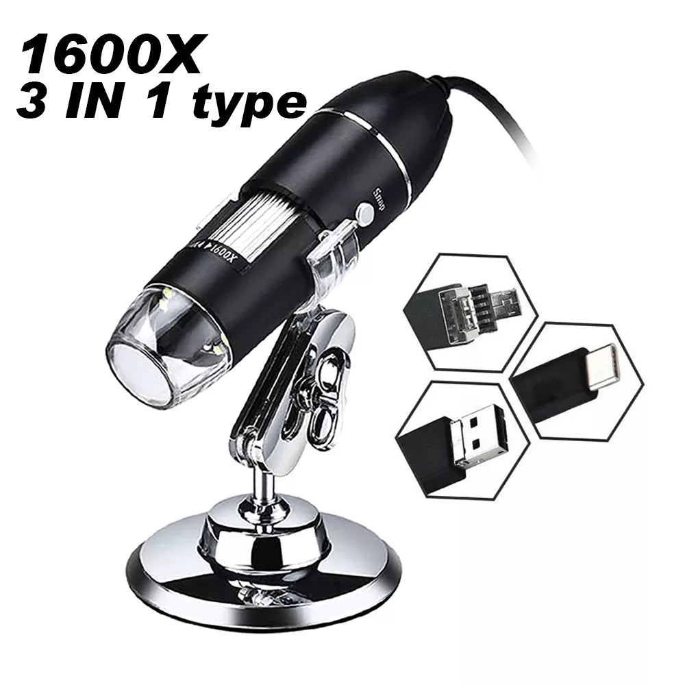 Digital Microscope 500X - 1600X Magnification Camera 8 LEDs with Stand USB & MICRO USB &Type-C Handheld Inspection Magnifier