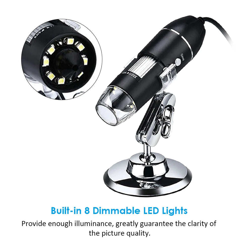 Digital Microscope 500X - 1600X Magnification Camera 8 LEDs with Stand USB & MICRO USB &Type-C Handheld Inspection Magnifier