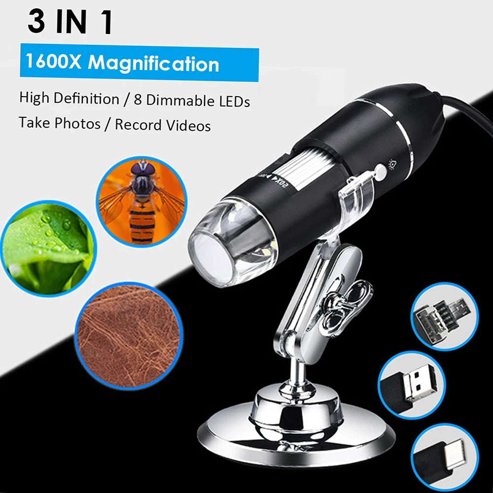 Digital Microscope 500X - 1600X Magnification Camera 8 LEDs with Stand USB & MICRO USB &Type-C Handheld Inspection Magnifier