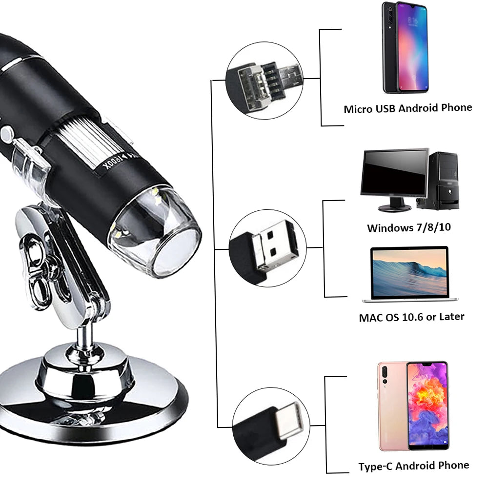 Digital Microscope 500X - 1600X Magnification Camera 8 LEDs with Stand USB & MICRO USB &Type-C Handheld Inspection Magnifier