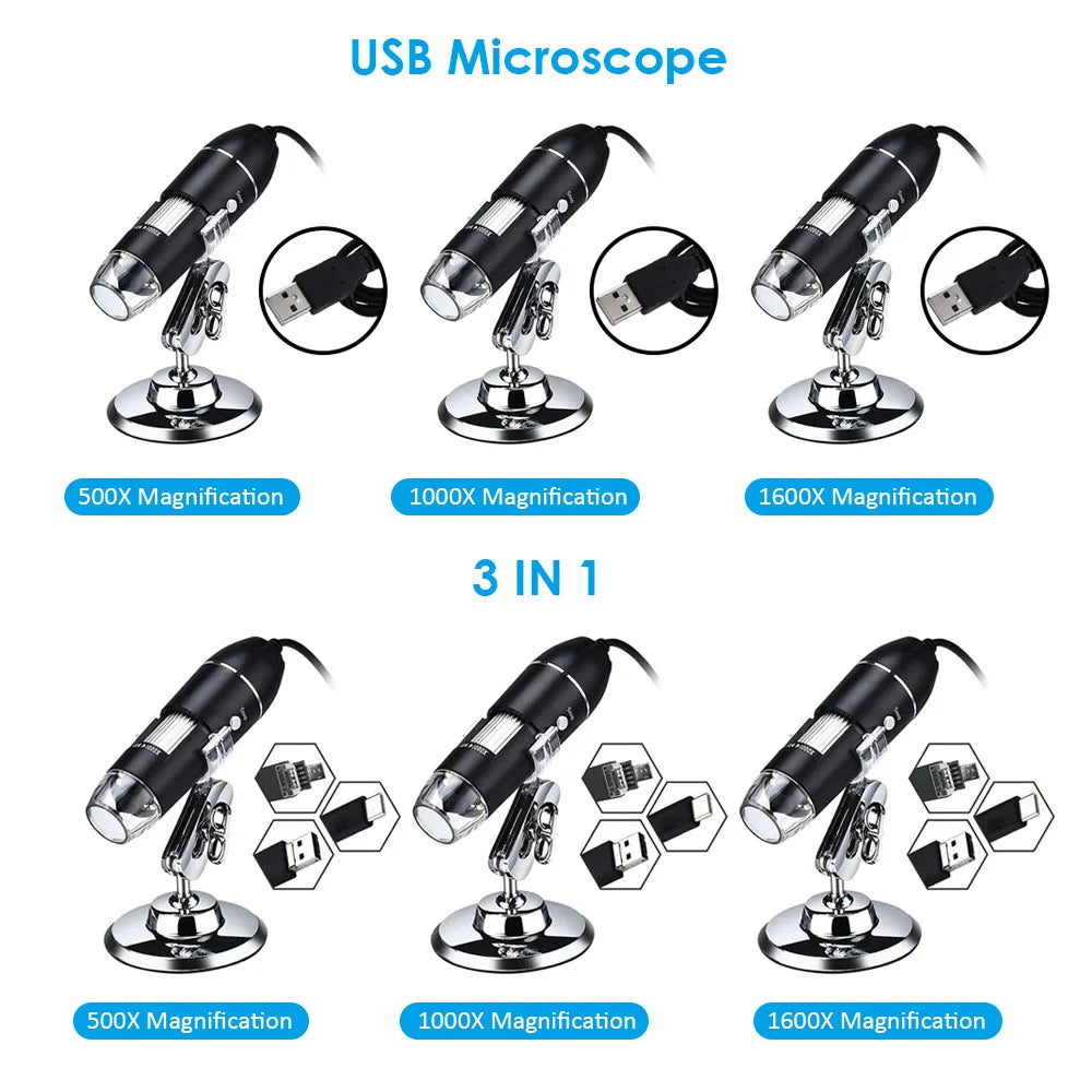 Digital Microscope 500X - 1600X Magnification Camera 8 LEDs with Stand USB & MICRO USB &Type-C Handheld Inspection  Magnifier