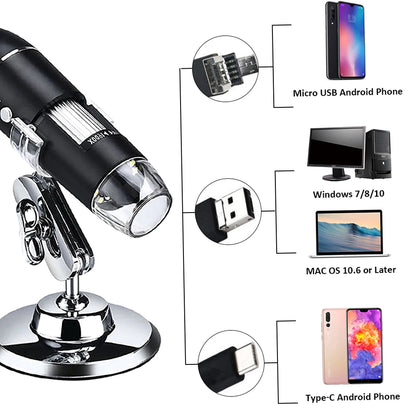 Digital Microscope 500X - 1600X Magnification Camera 8 LEDs with Stand USB & MICRO USB &Type-C Handheld Inspection  Magnifier